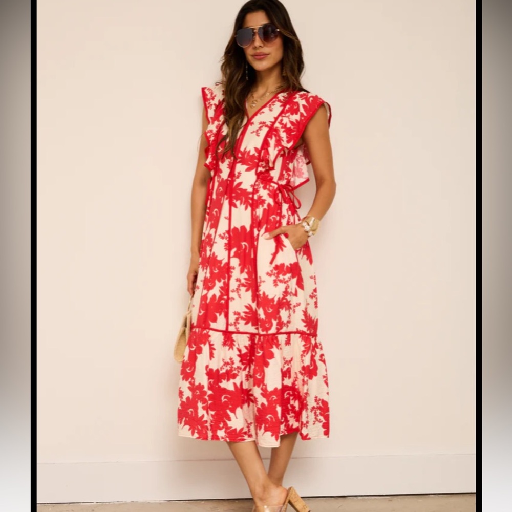 Jenna Floral Printed Midi Dress Red and White Women's Dress